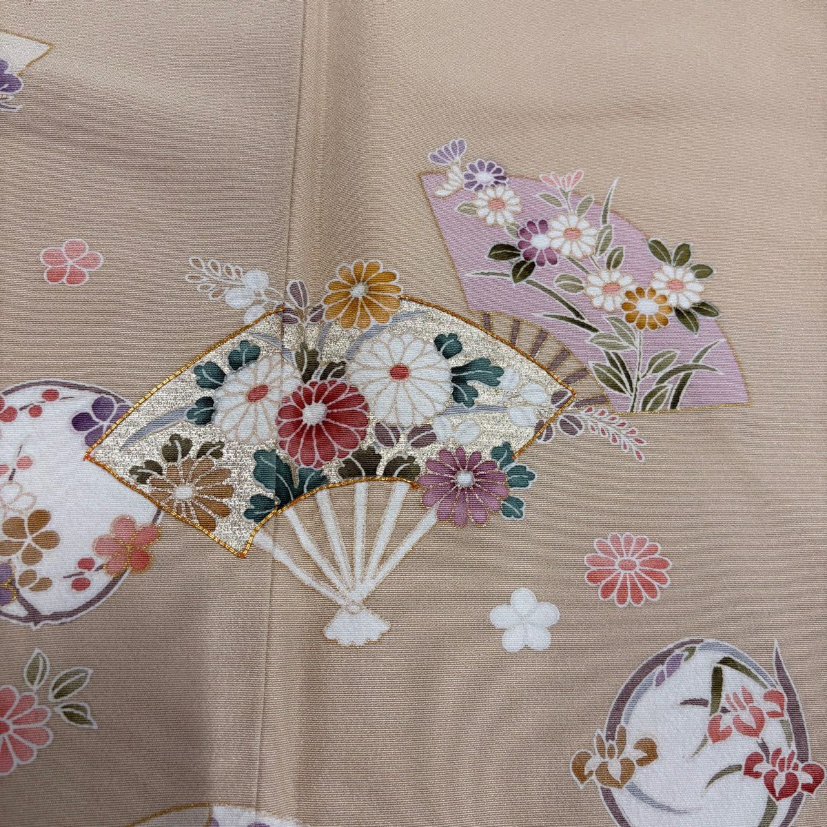 訪問服 身長162cm 袖長68.5cm L 雙層 扇子 松樹竹子梅花 金絲 金銀彩 米色 純蠶絲 優品級