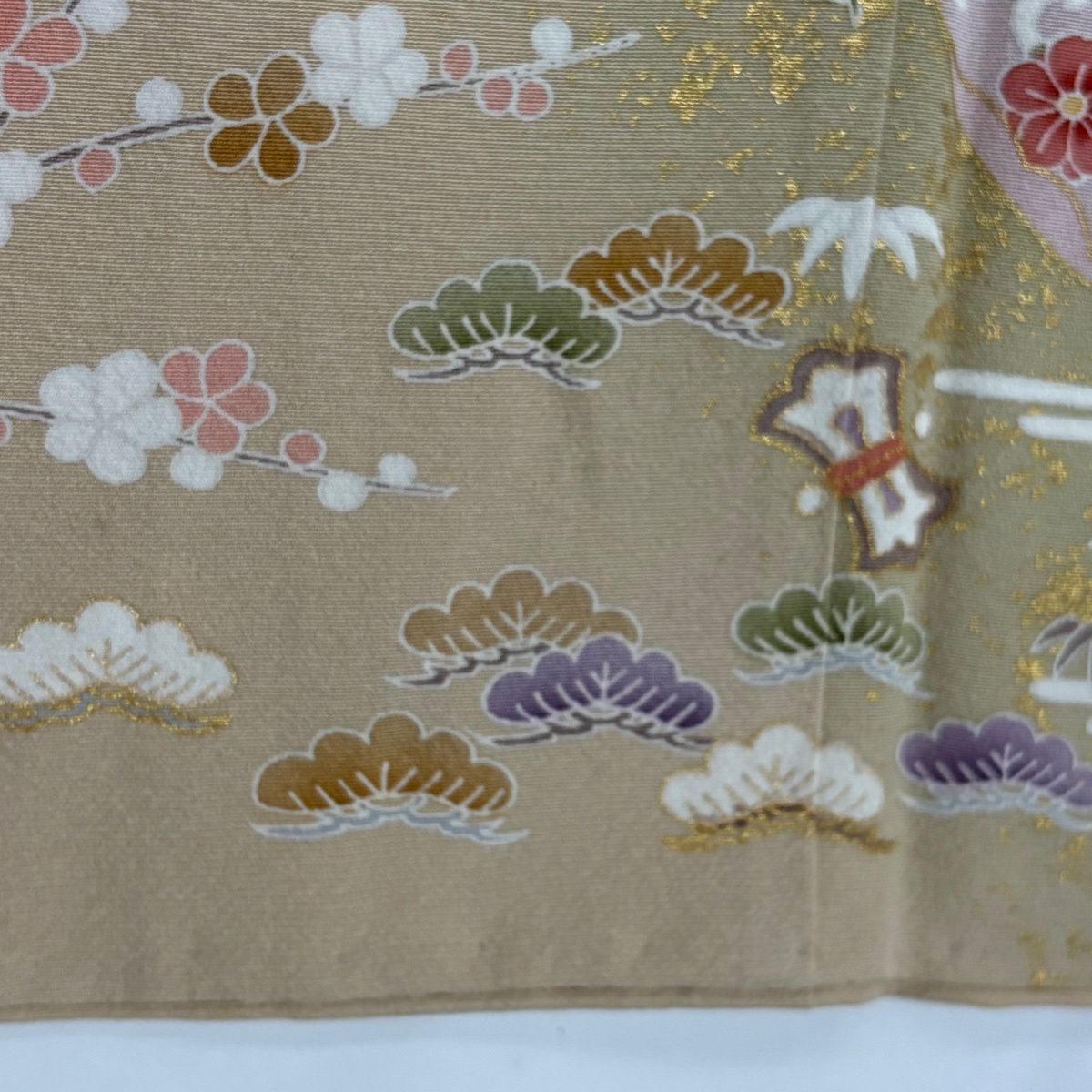 訪問服 身長162cm 袖長68.5cm L 雙層 扇子 松樹竹子梅花 金絲 金銀彩 米色 純蠶絲 優品級