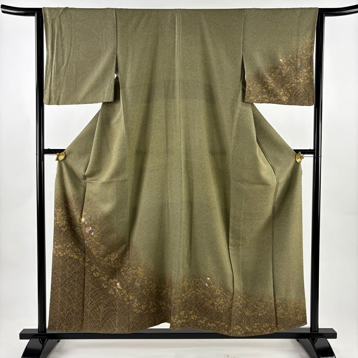 【美品】 付下 身長156.5cm 袖長63cm S 雙層 寶盡くし 草花紋刺繡 金銀彩 灰綠 純蠶絲 秀品級