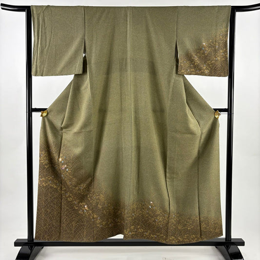 【美品】 付下 身長156.5cm 袖長63cm S 雙層 寶盡くし 草花紋刺繡 金銀彩 灰綠 純蠶絲 秀品級