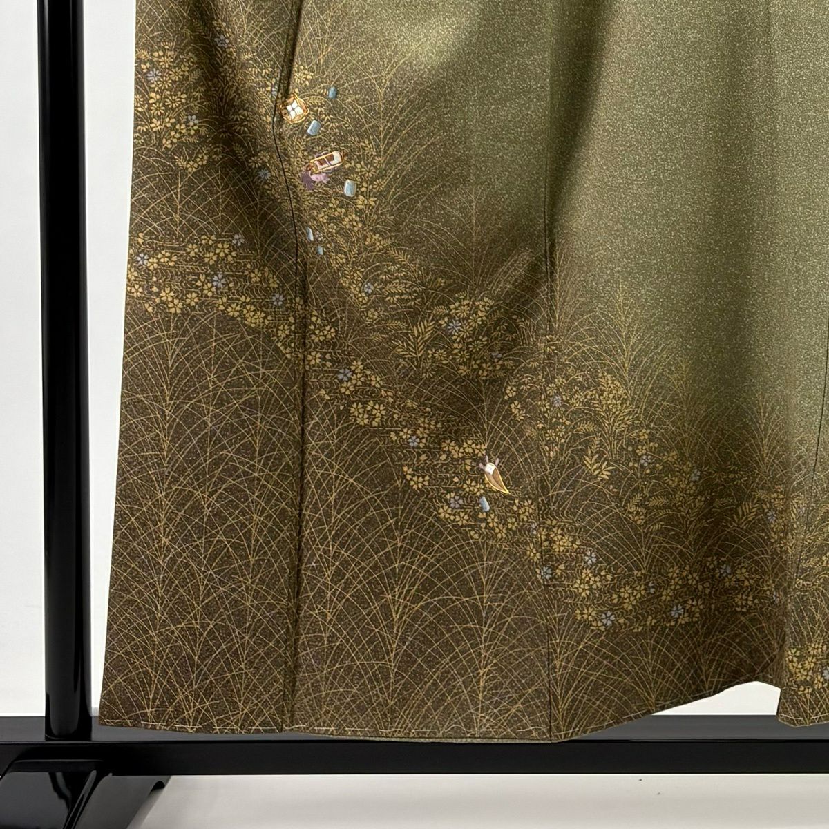 【美品】 付下 身長156.5cm 袖長63cm S 雙層 寶盡くし 草花紋刺繡 金銀彩 灰綠 純蠶絲 秀品級