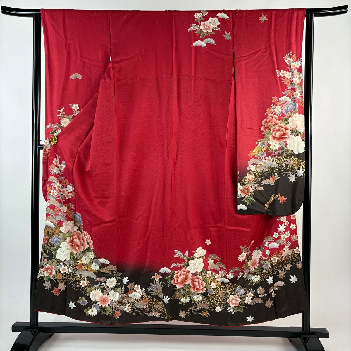 振袖禮服 身長152cm 袖長62cm S 雙層 草花紋紋 片輪車 金銀彩 漸層 紅 純蠶絲 優品級