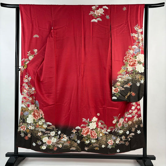 振袖禮服 身長152cm 袖長62cm S 雙層 草花紋紋 片輪車 金銀彩 漸層 紅 純蠶絲 優品級