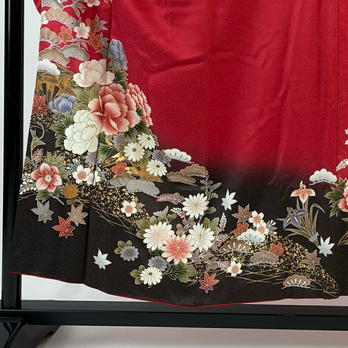 振袖禮服 身長152cm 袖長62cm S 雙層 草花紋紋 片輪車 金銀彩 漸層 紅 純蠶絲 優品級