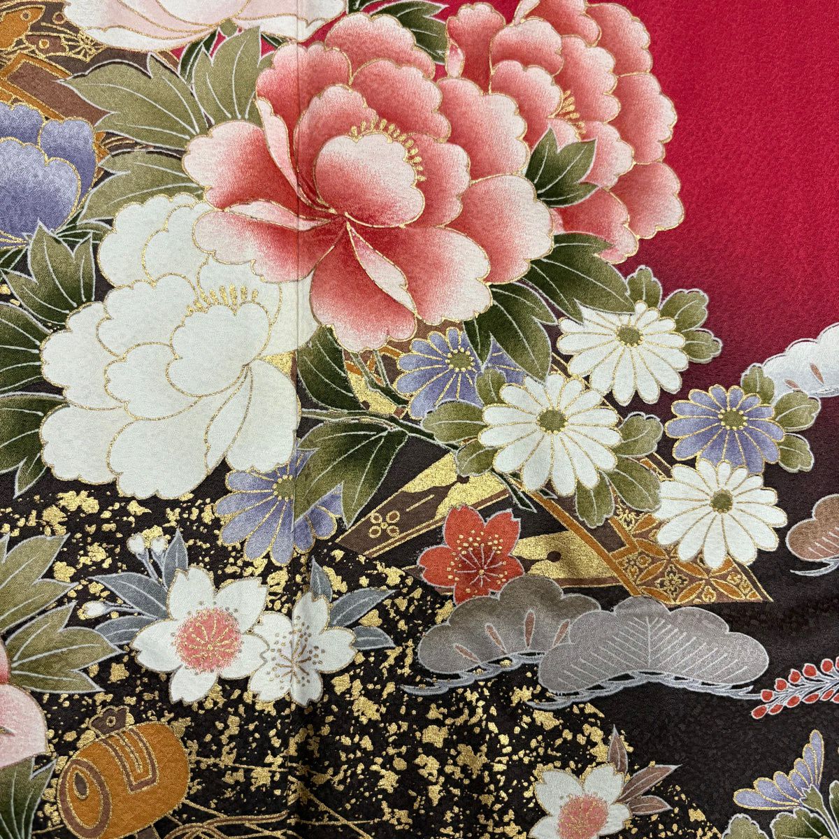 振袖禮服 身長152cm 袖長62cm S 雙層 草花紋紋 片輪車 金銀彩 漸層 紅 純蠶絲 優品級