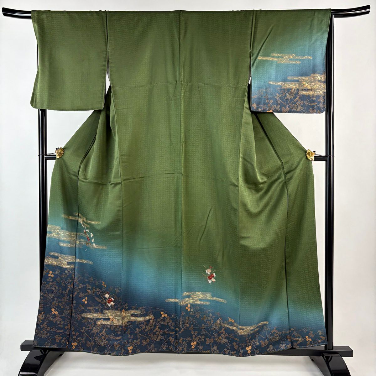 訪問服 身長158.5cm 袖長66.5cm M 雙層 ヱ霞 菊花 刺繡 金彩裝飾 茶綠 純蠶絲 秀品級