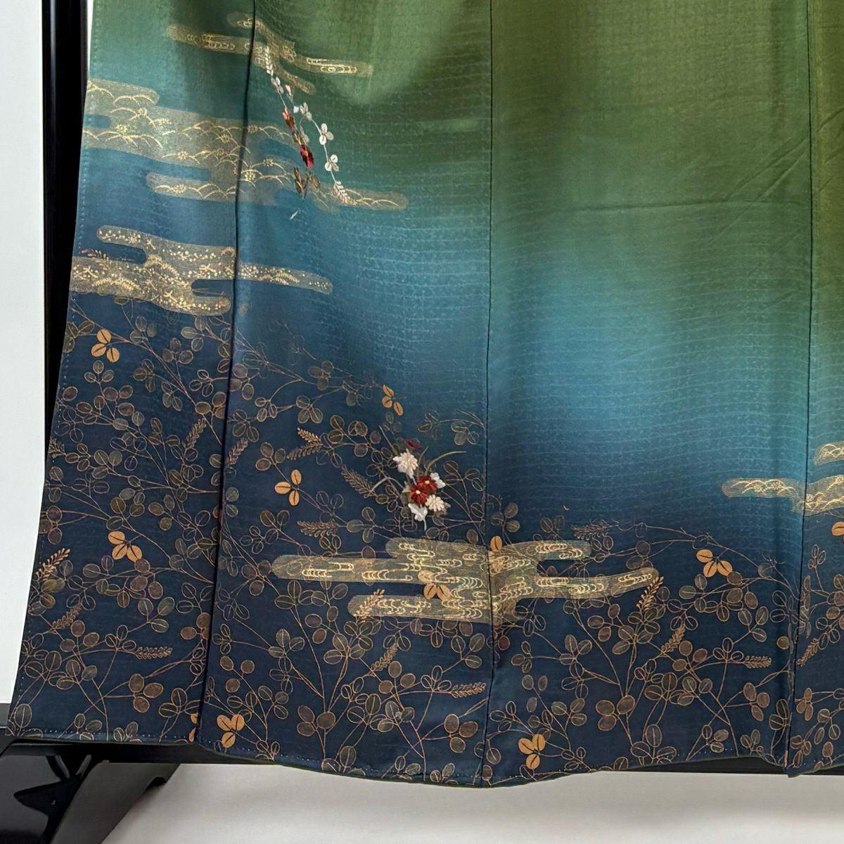 訪問服 身長158.5cm 袖長66.5cm M 雙層 ヱ霞 菊花 刺繡 金彩裝飾 茶綠 純蠶絲 秀品級