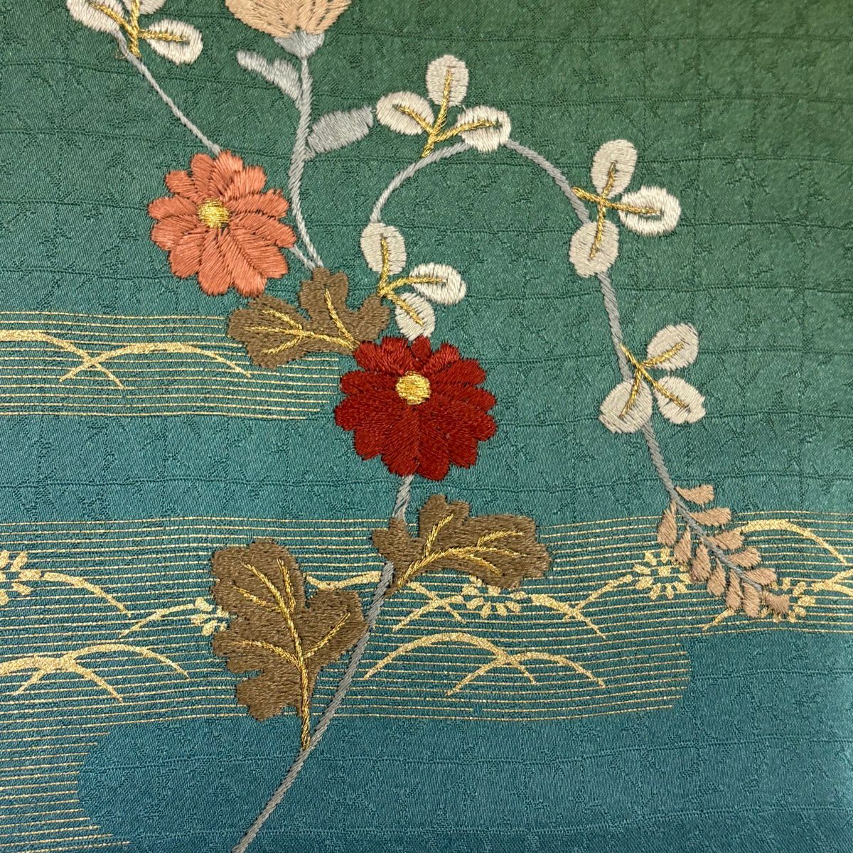 訪問服 身長158.5cm 袖長66.5cm M 雙層 ヱ霞 菊花 刺繡 金彩裝飾 茶綠 純蠶絲 秀品級