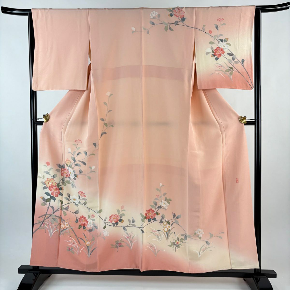 訪問服 身長155.5cm 袖長64cm M 雙層 落款有 枝花 光悅垣 漸層 粉紅 純蠶絲 優品級