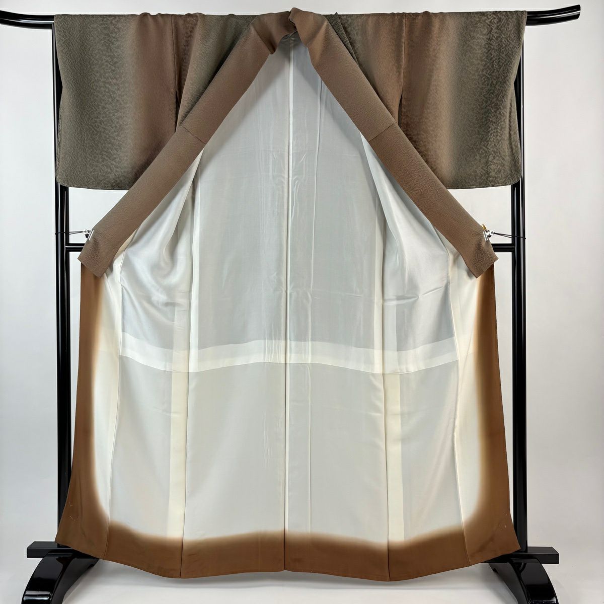 【美品】 小紋 身長162.5cm 袖長67cm M 雙層 幾何學 漸層 茶綠 純蠶絲 優品級