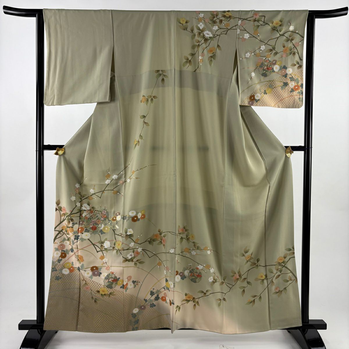 訪問服 身長161cm 袖長64cm M 雙層 草花紋紋 籠目刺繡 金彩裝飾 薄綠 純蠶絲 秀品級