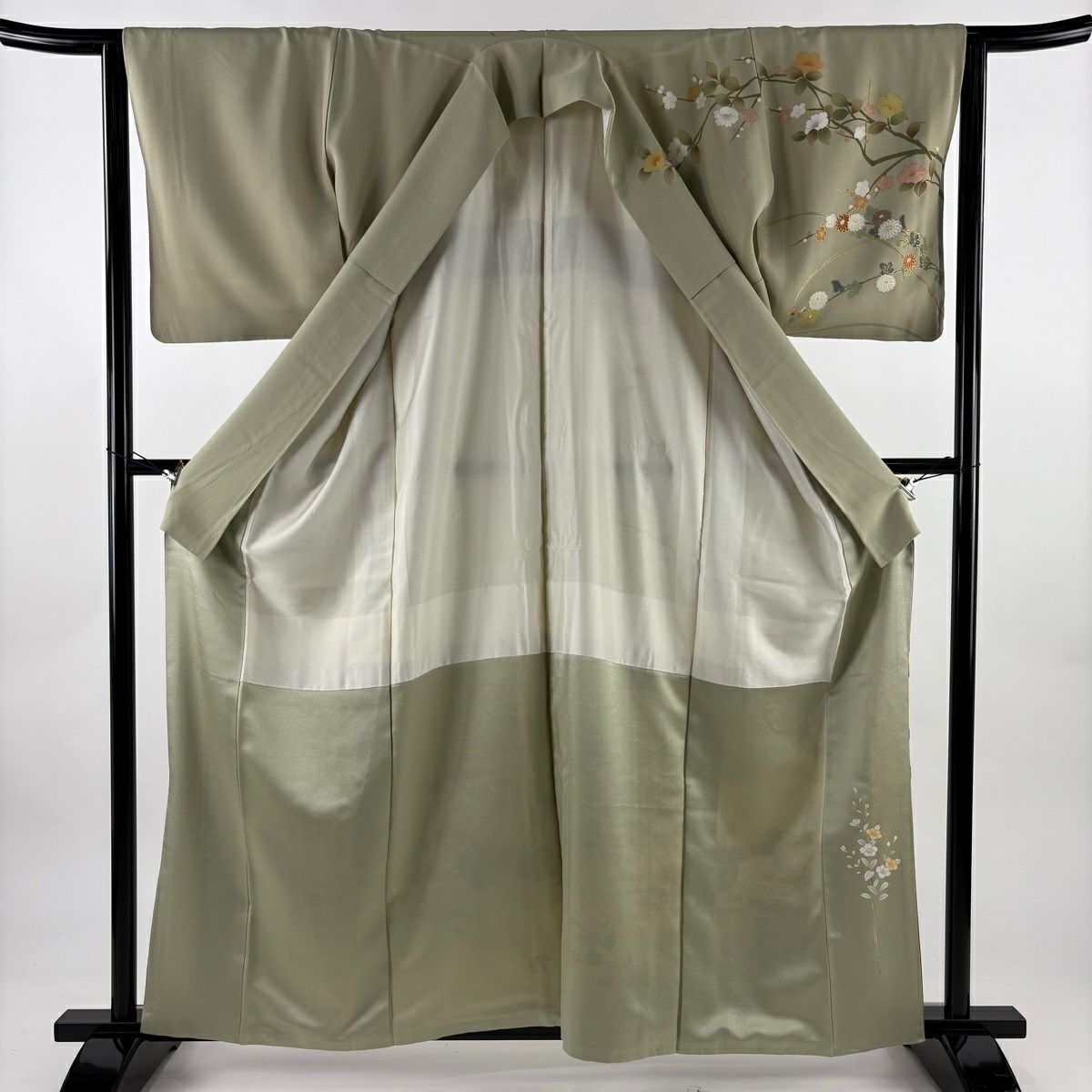 訪問服 身長161cm 袖長64cm M 雙層 草花紋紋 籠目刺繡 金彩裝飾 薄綠 純蠶絲 秀品級