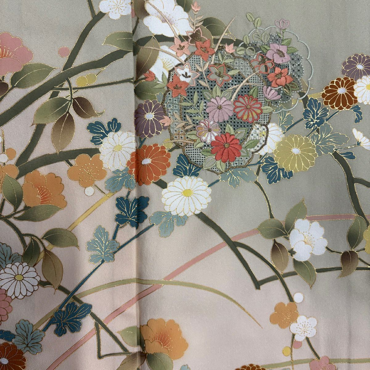 訪問服 身長161cm 袖長64cm M 雙層 草花紋紋 籠目刺繡 金彩裝飾 薄綠 純蠶絲 秀品級