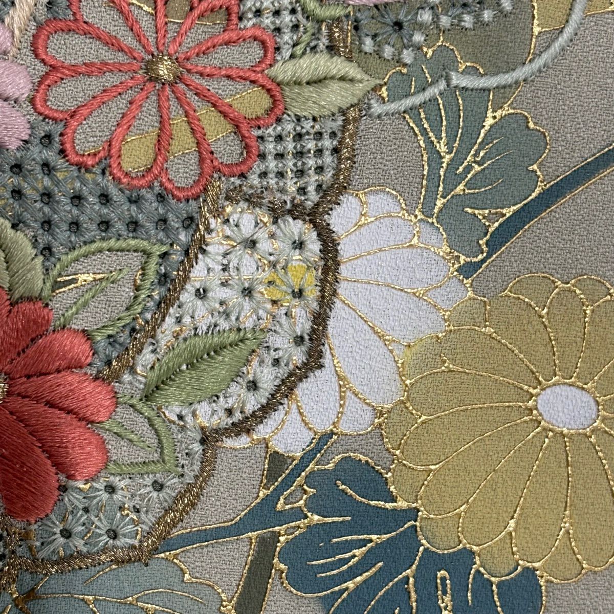 訪問服 身長161cm 袖長64cm M 雙層 草花紋紋 籠目刺繡 金彩裝飾 薄綠 純蠶絲 秀品級