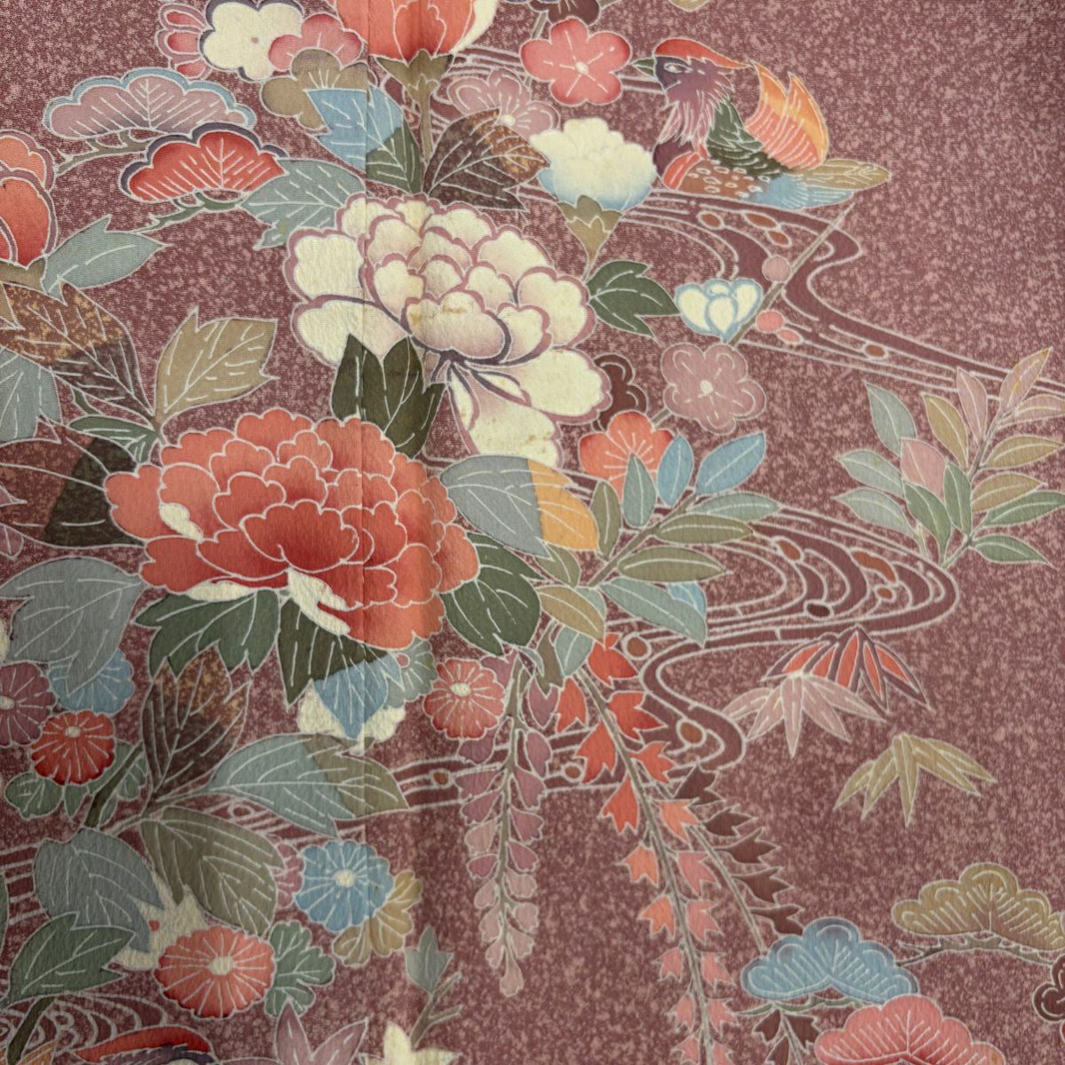 付下 身長156cm 袖長64.5cm M 雙層 千鳥 松樹竹子梅花 粉紅 純蠶絲 優品級