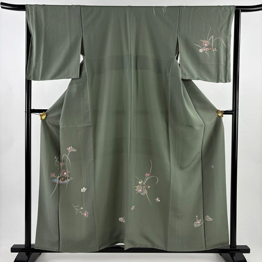 付下 身長157cm 袖長67cm M 雙層 落款有 蓮花 撫子 灰綠 純蠶絲 優品級