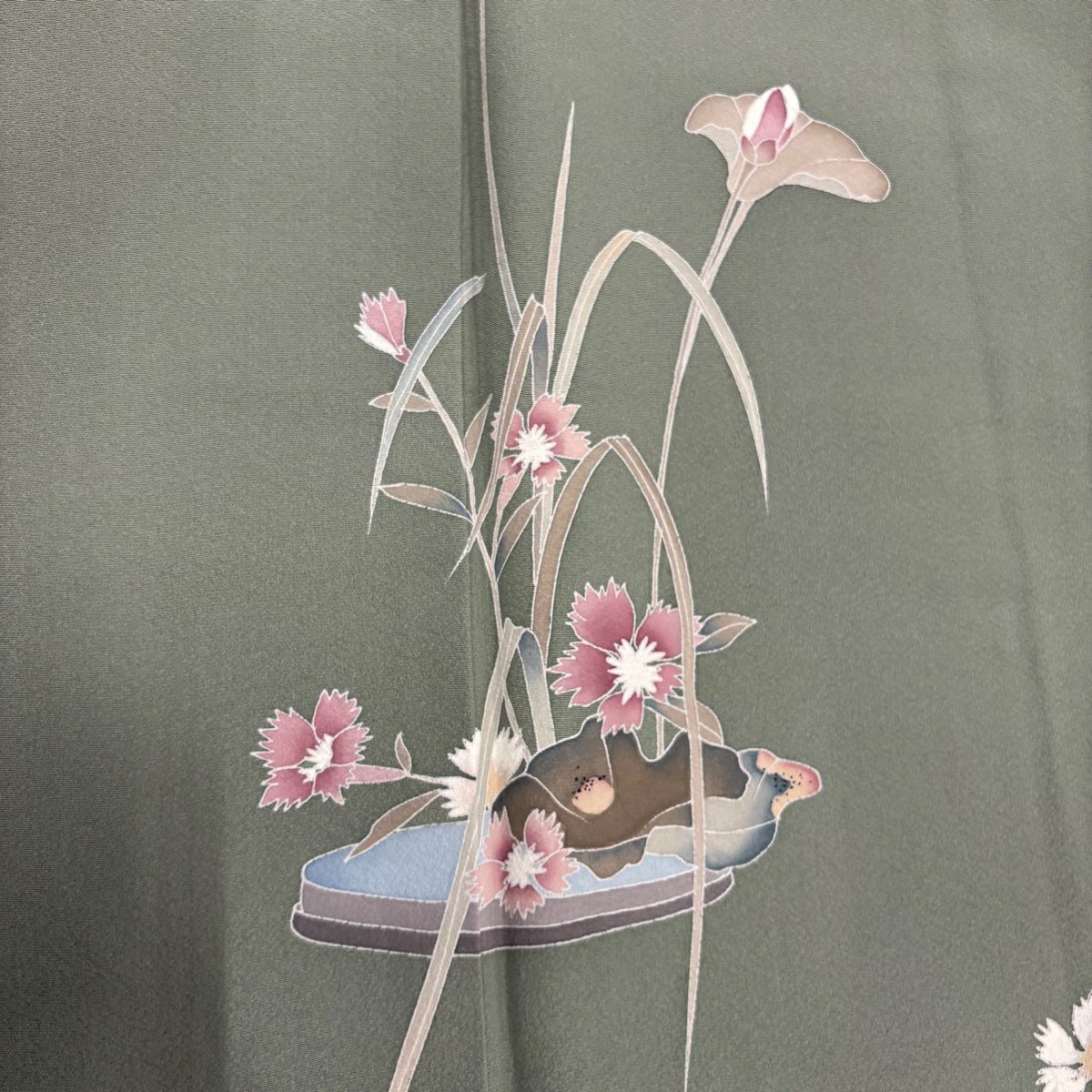 付下 身長157cm 袖長67cm M 雙層 落款有 蓮花 撫子 灰綠 純蠶絲 優品級