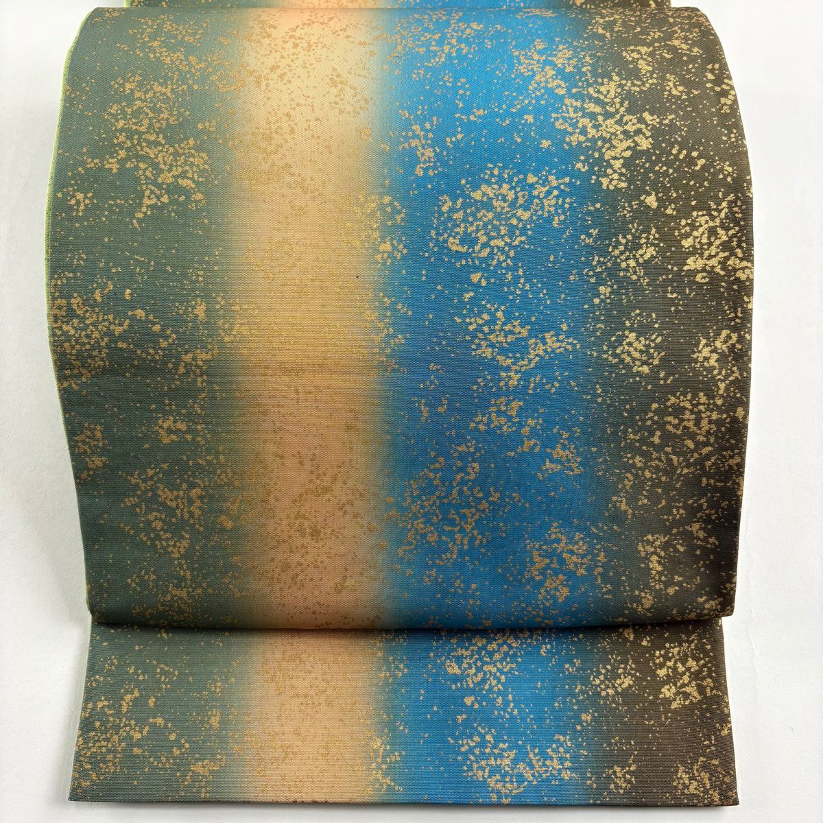 【美品】 袋帶 名品級 縞 幾何學 金彩裝飾 青 全通 純蠶絲