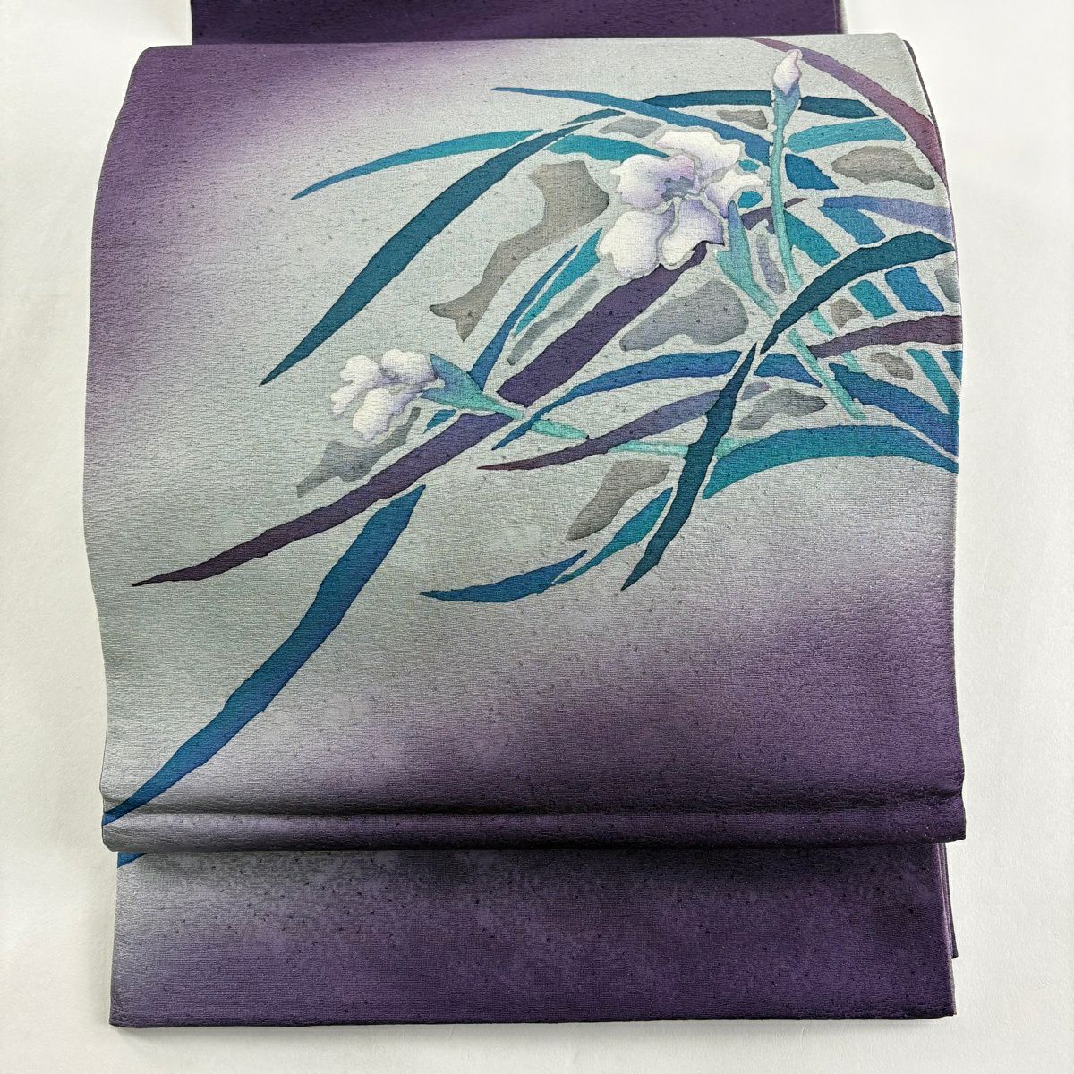 【美品】 袋帶 名品級 落款 草花紋 金金箔 紫色 大鼓圖案 純蠶絲