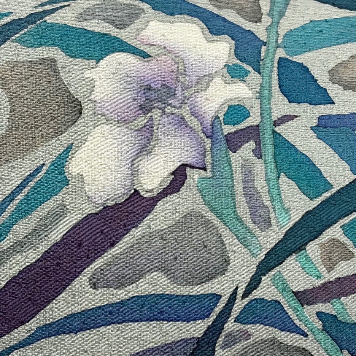 【美品】 袋帶 名品級 落款 草花紋 金金箔 紫色 大鼓圖案 純蠶絲