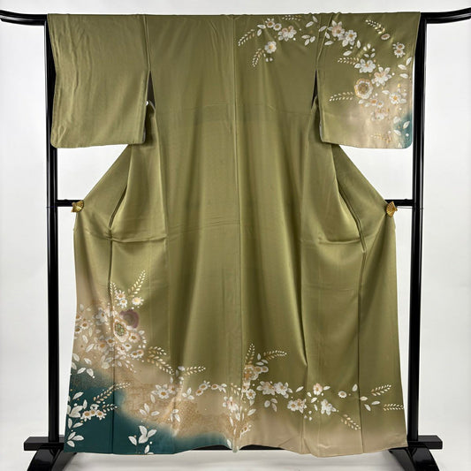 訪問服 身長160cm 袖長65.5cm M 雙層 草花紋紋 逆向雲取 金銀彩 漸層 鶯色 純蠶絲 優品級