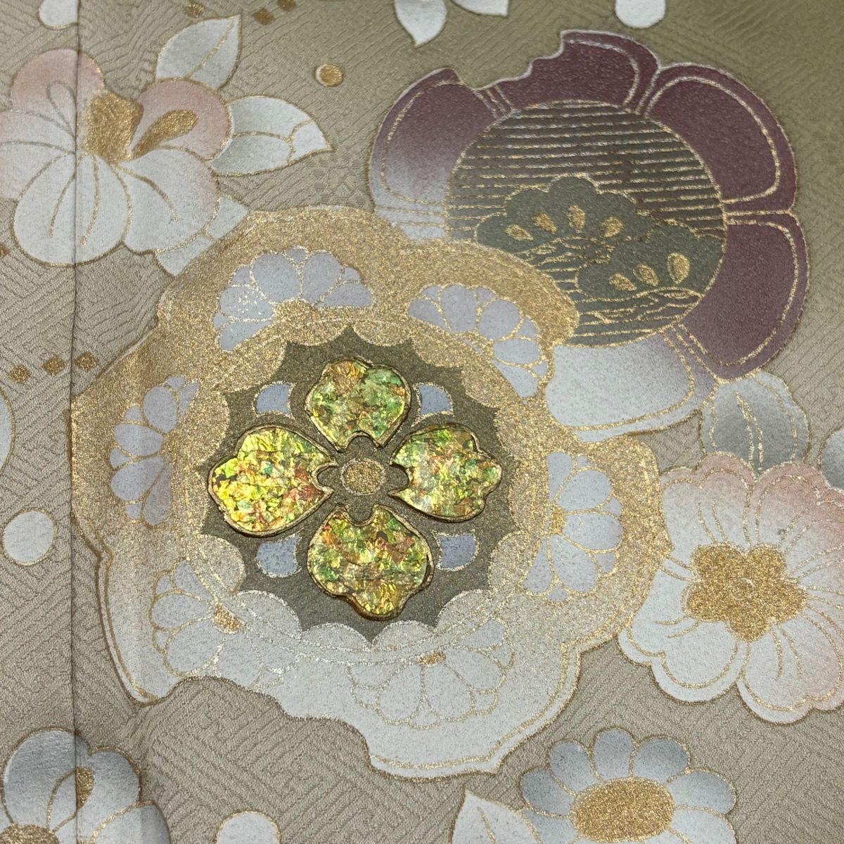 訪問服 身長160cm 袖長65.5cm M 雙層 草花紋紋 逆向雲取 金銀彩 漸層 鶯色 純蠶絲 優品級