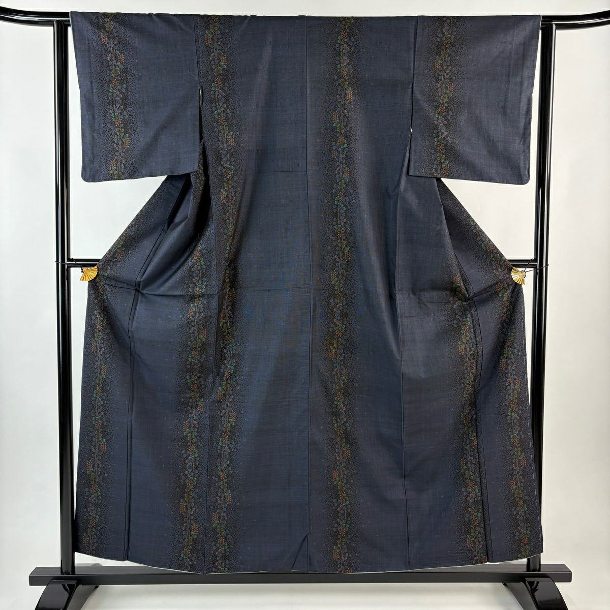 紬織 身長158cm 袖長62cm S 雙層 草花紋紋 幾何學圖案 深藍 純蠶絲 秀品級
