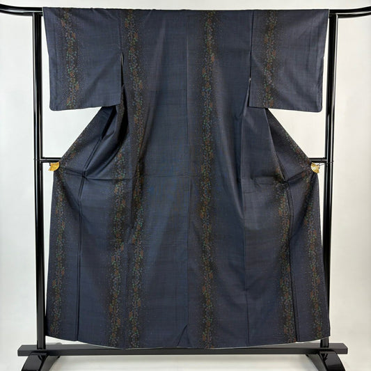 紬織 身長158cm 袖長62cm S 雙層 草花紋紋 幾何學圖案 深藍 純蠶絲 秀品級