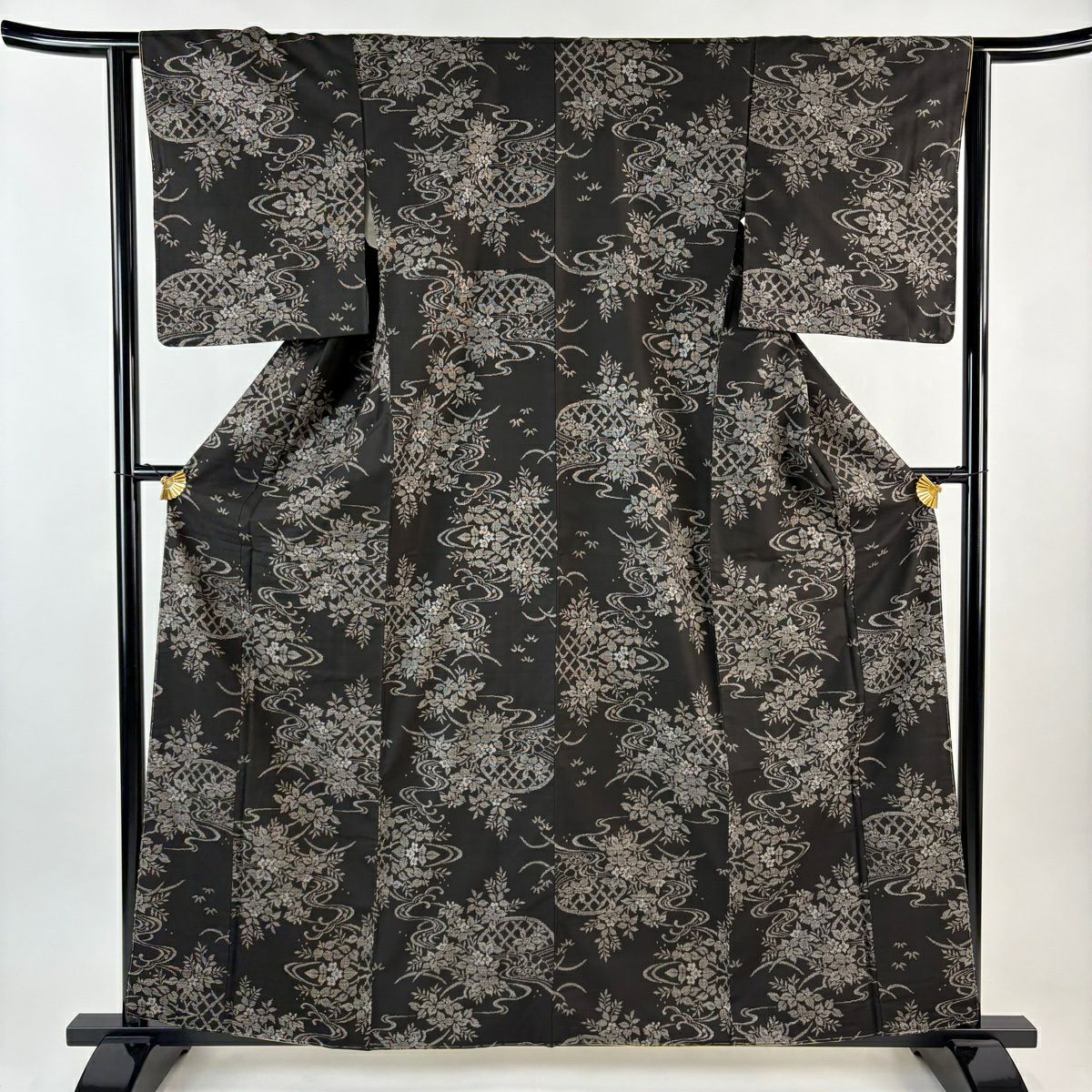 【美品】 紬織 身長161cm 袖長62.5cm S 雙層 草花紋紋 流水 焦茶 純蠶絲 秀品級