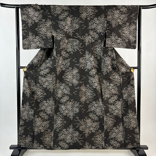 【美品】 紬織 身長161cm 袖長62.5cm S 雙層 草花紋紋 流水 焦茶 純蠶絲 秀品級
