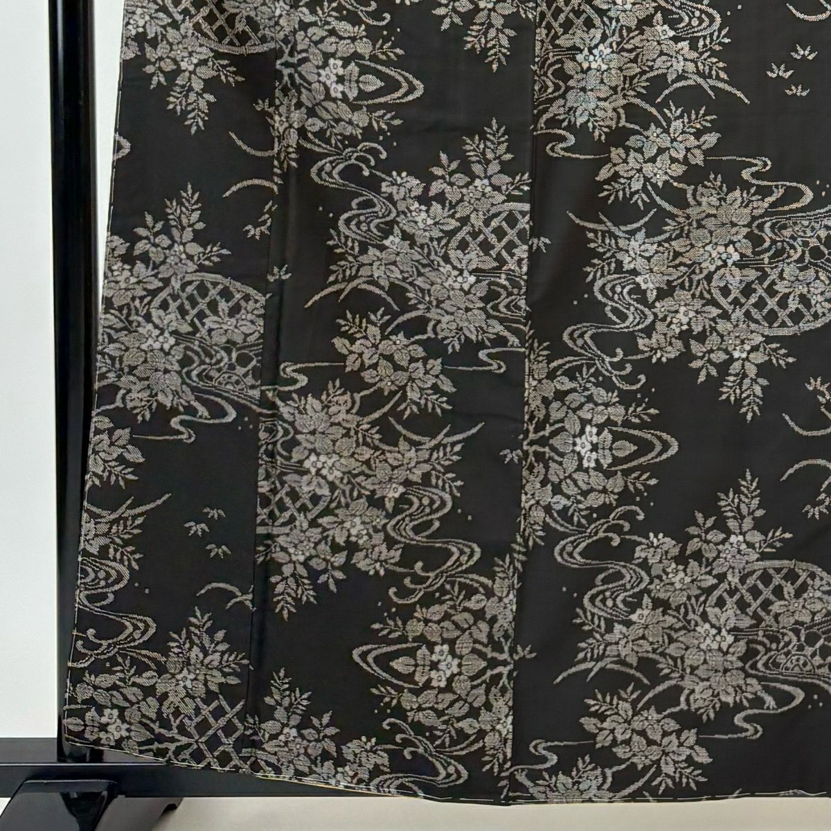 【美品】 紬織 身長161cm 袖長62.5cm S 雙層 草花紋紋 流水 焦茶 純蠶絲 秀品級
