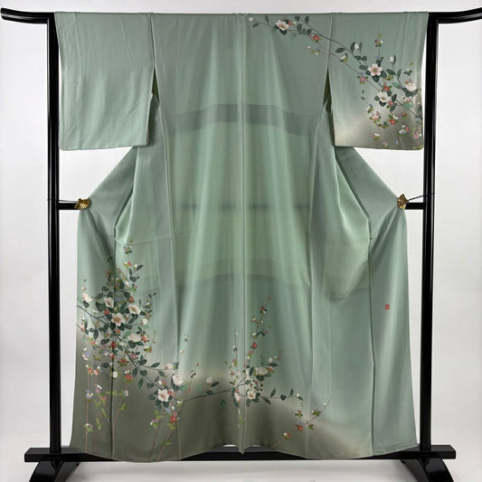 訪問服 身長158cm 袖長63.5cm S 雙層 落款 草花紋紋 漸層 淺綠 純蠶絲 優品級 一個紋