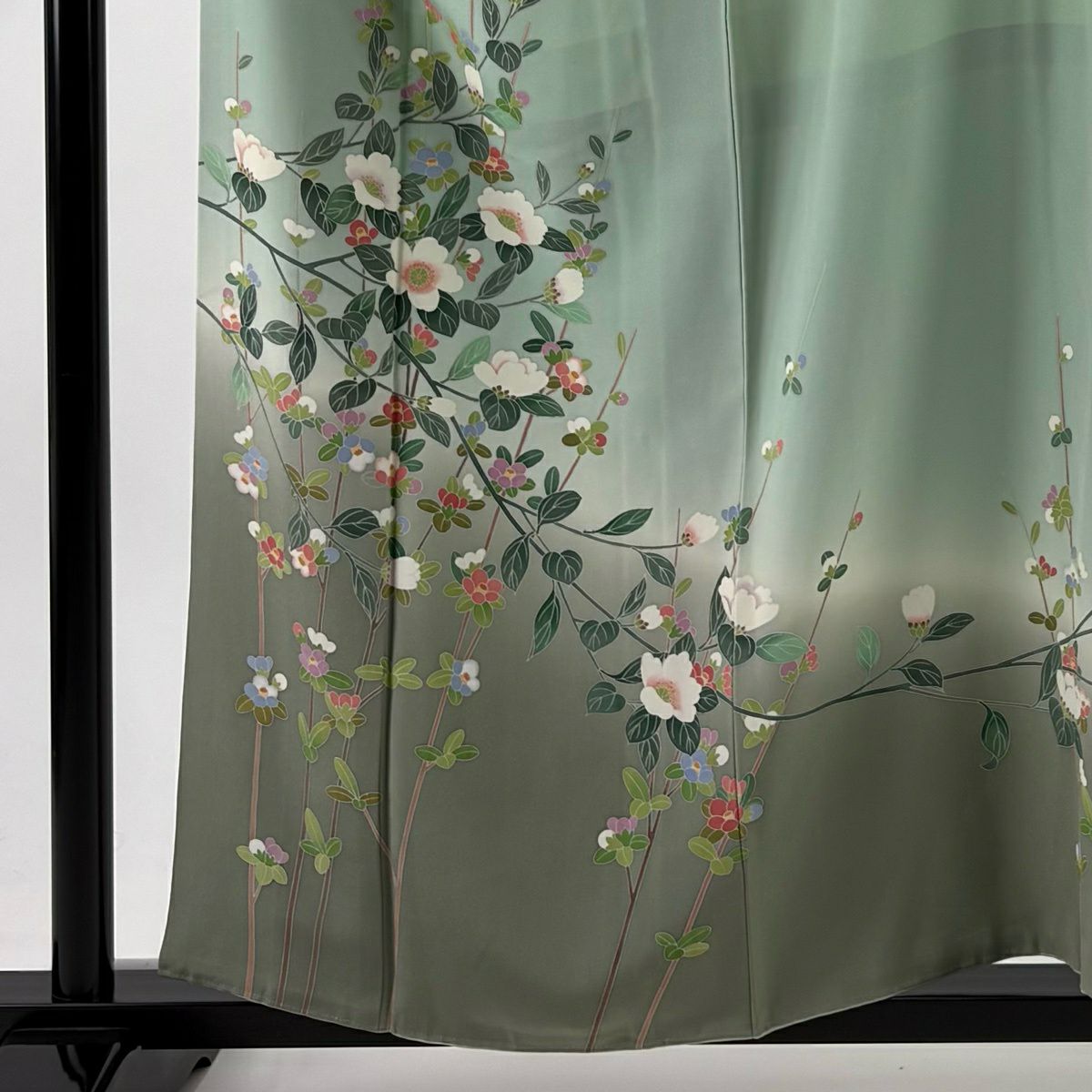 訪問服 身長158cm 袖長63.5cm S 雙層 落款 草花紋紋 漸層 淺綠 純蠶絲 優品級 一個紋