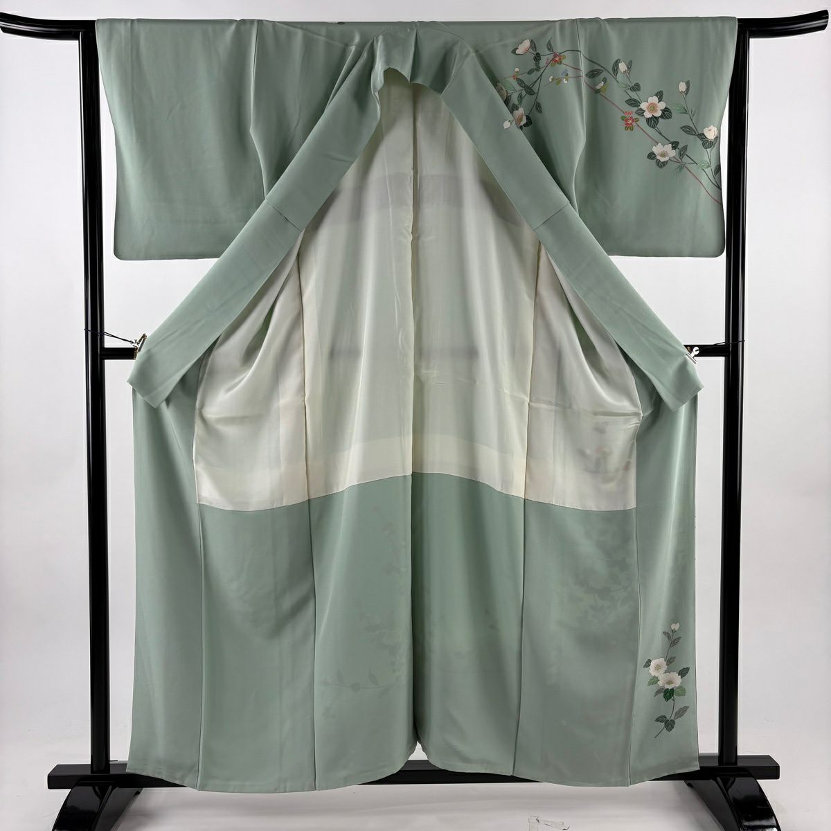 訪問服 身長158cm 袖長63.5cm S 雙層 落款 草花紋紋 漸層 淺綠 純蠶絲 優品級 一個紋