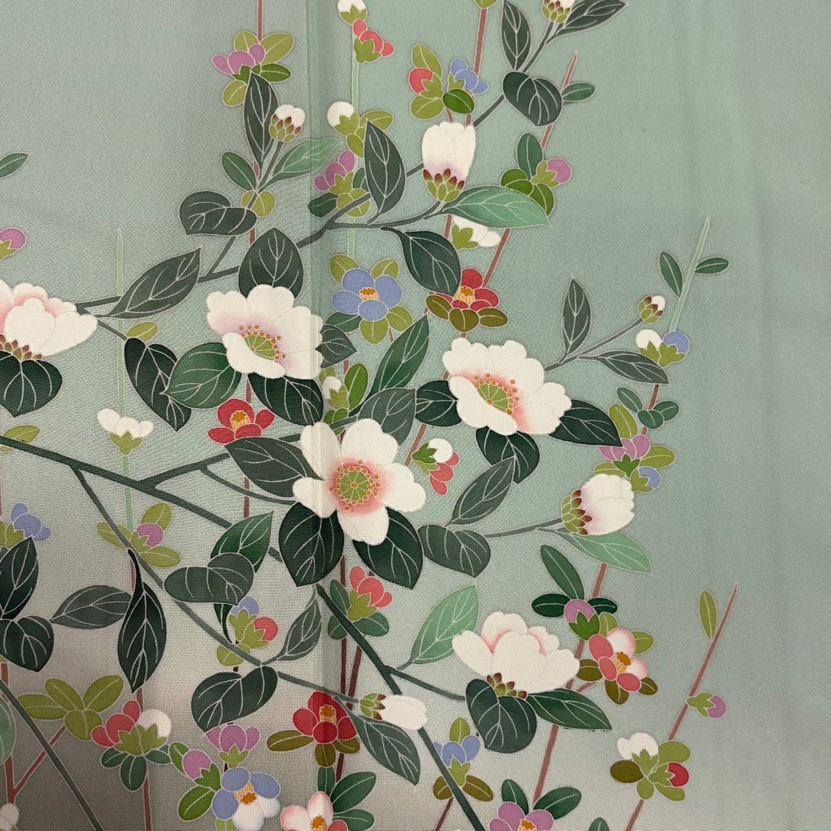 訪問服 身長158cm 袖長63.5cm S 雙層 落款 草花紋紋 漸層 淺綠 純蠶絲 優品級 一個紋