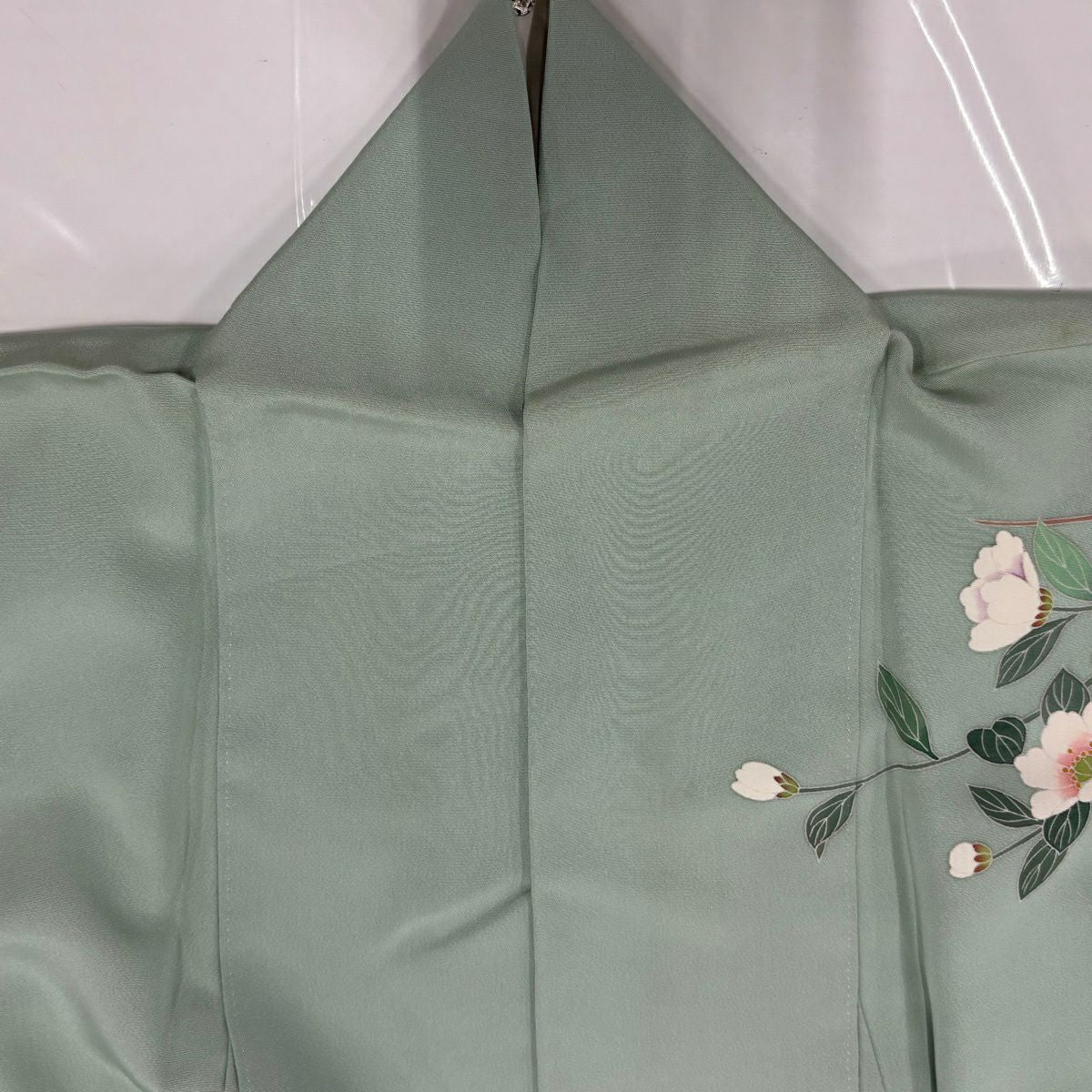 訪問服 身長158cm 袖長63.5cm S 雙層 落款 草花紋紋 漸層 淺綠 純蠶絲 優品級 一個紋