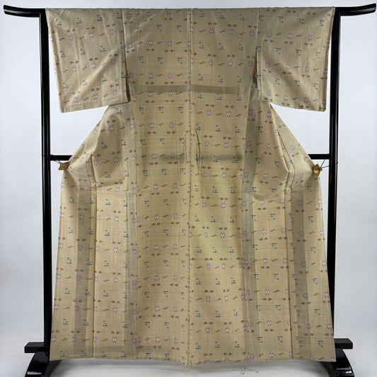 紬織 身長165cm 袖長63.5cm S 單層 井格絣 幾何學圖案 淺茶 純蠶絲 優品級