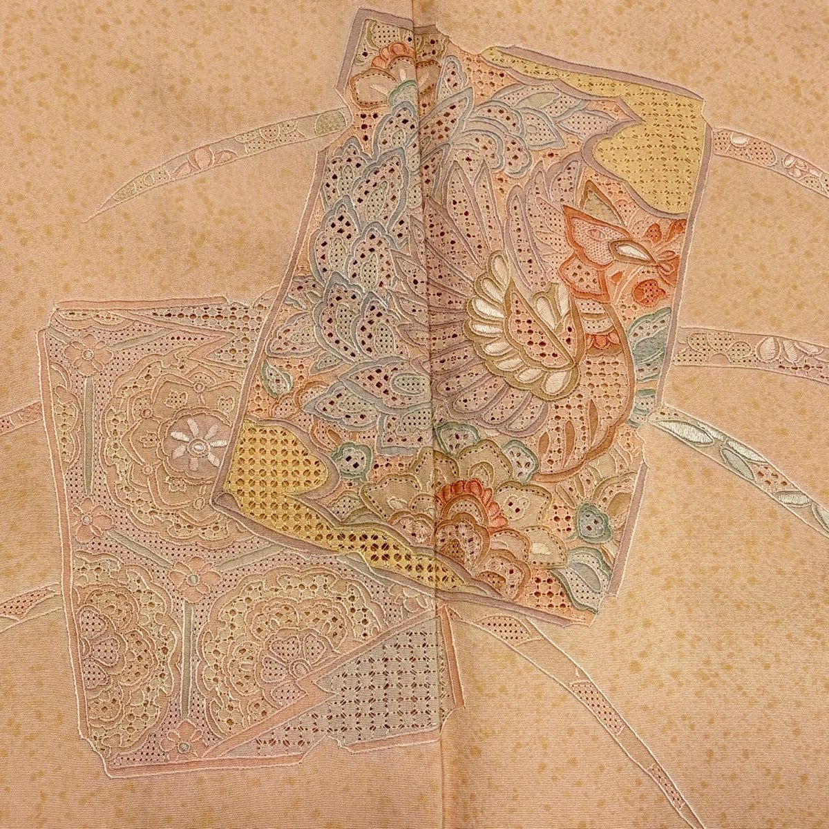 付下 身長163.5cm 袖長64cm M 雙層 破裂色紙 鳳凰 刺繡 漸變 薄橙 純蠶絲 優品級