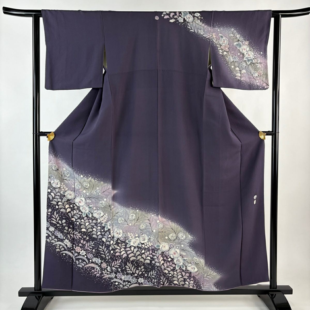 訪問服 身長156cm 袖長61cm S 雙層 落款あり 辻花染 芝 ぼかし 紫 純蠶絲 秀品級 一つ紋