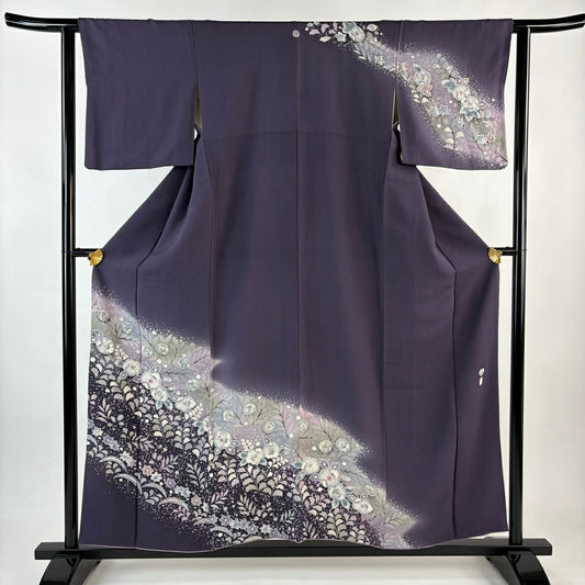 訪問服 身長156cm 袖長61cm S 雙層 落款あり 辻花染 芝 ぼかし 紫 純蠶絲 秀品級 一つ紋