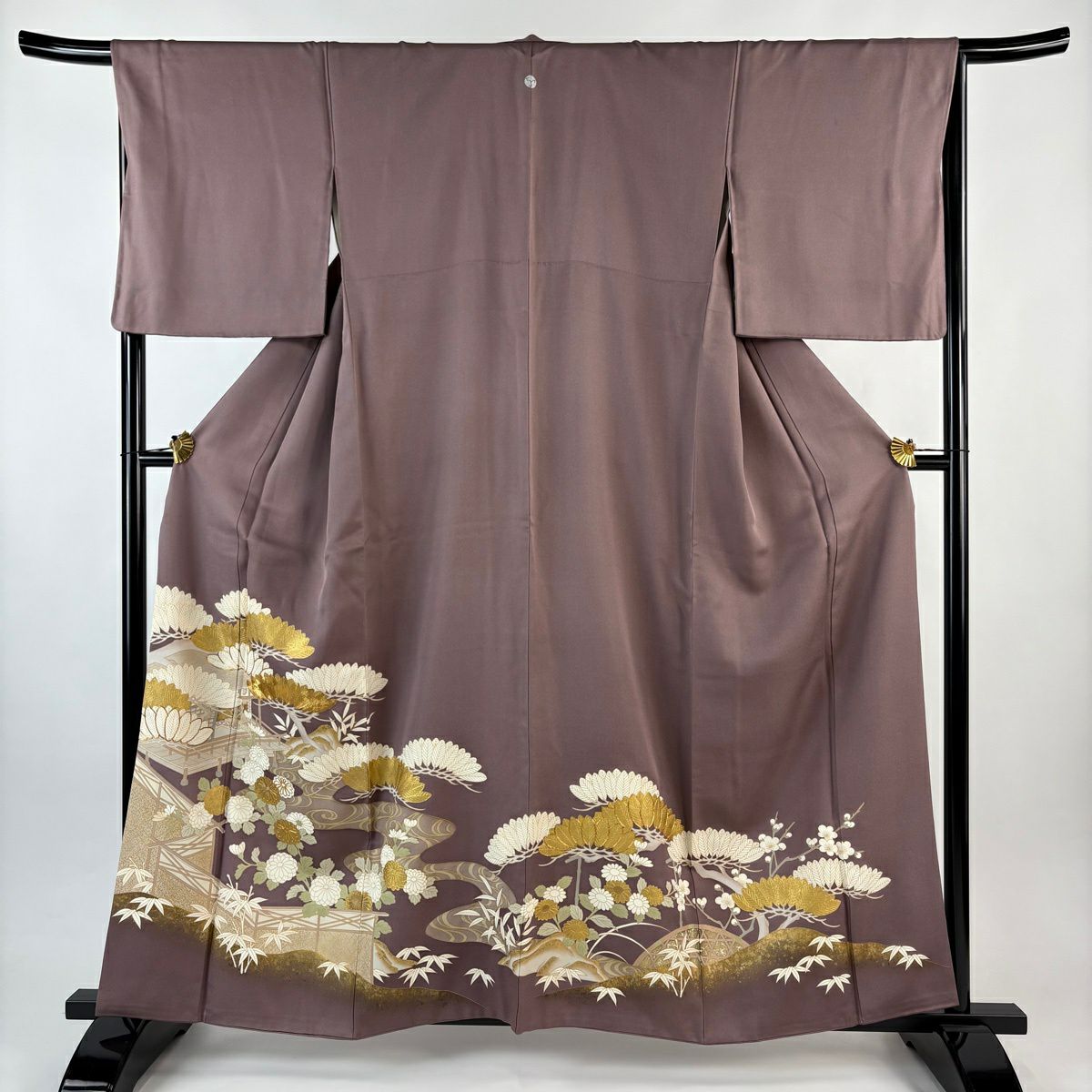 色留袖禮服 身長160cm 袖長66cm M 雙層 笠松樹 家屋 金絲 金銀彩 紫 純蠶絲 秀品級 一つ紋