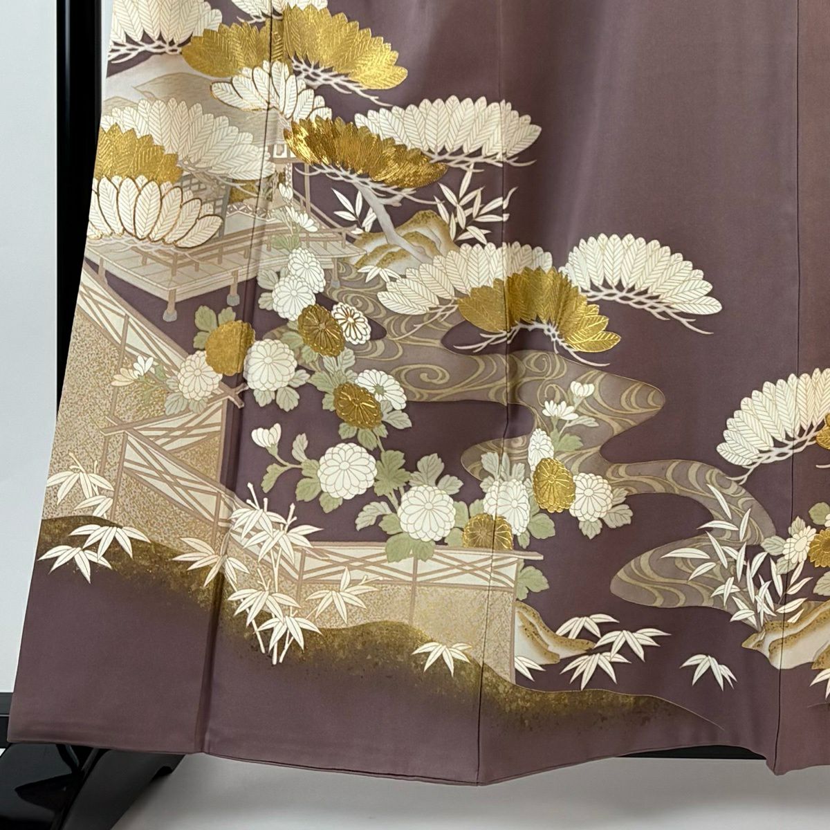 色留袖禮服 身長160cm 袖長66cm M 雙層 笠松樹 家屋 金絲 金銀彩 紫 純蠶絲 秀品級 一つ紋
