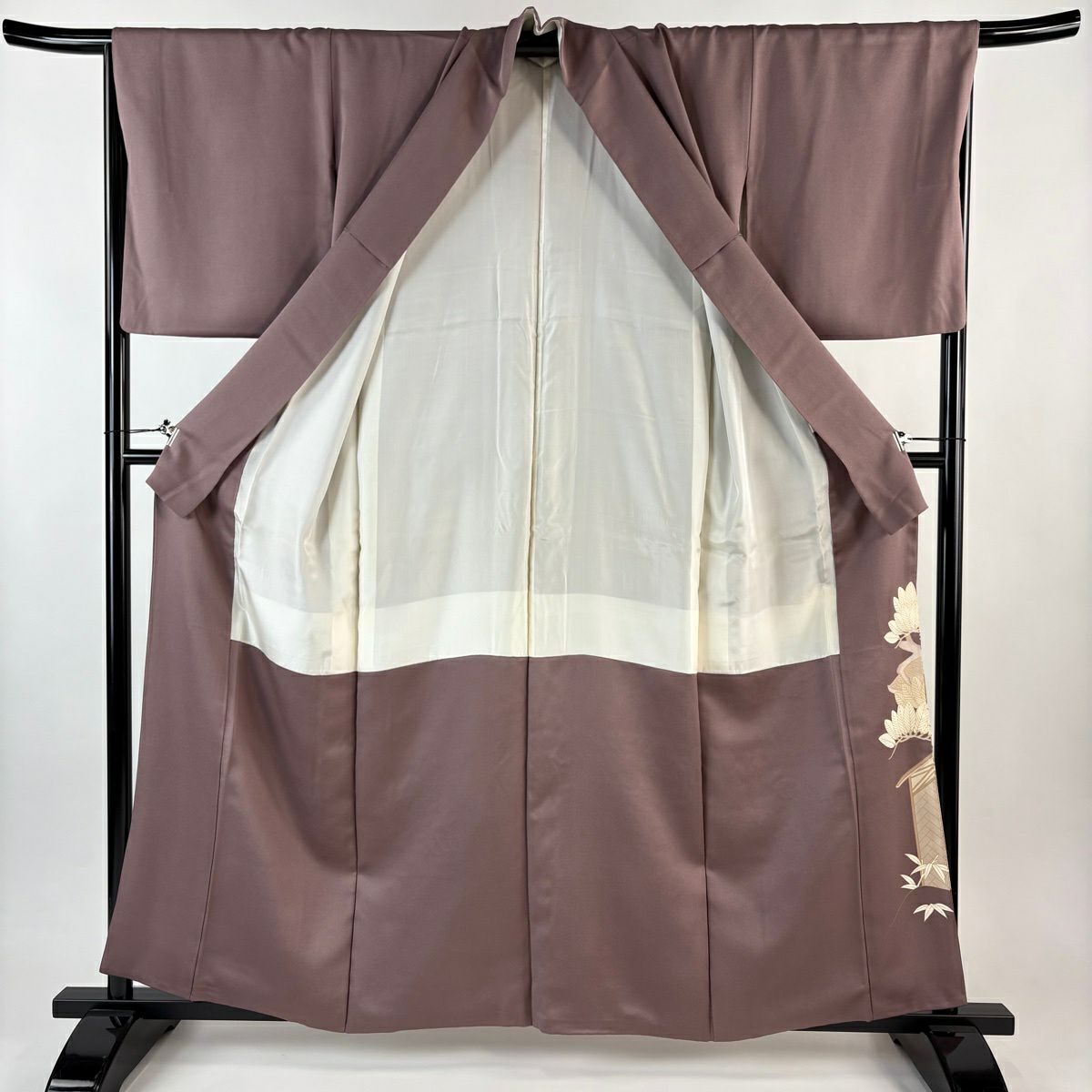 色留袖禮服 身長160cm 袖長66cm M 雙層 笠松樹 家屋 金絲 金銀彩 紫 純蠶絲 秀品級 一つ紋