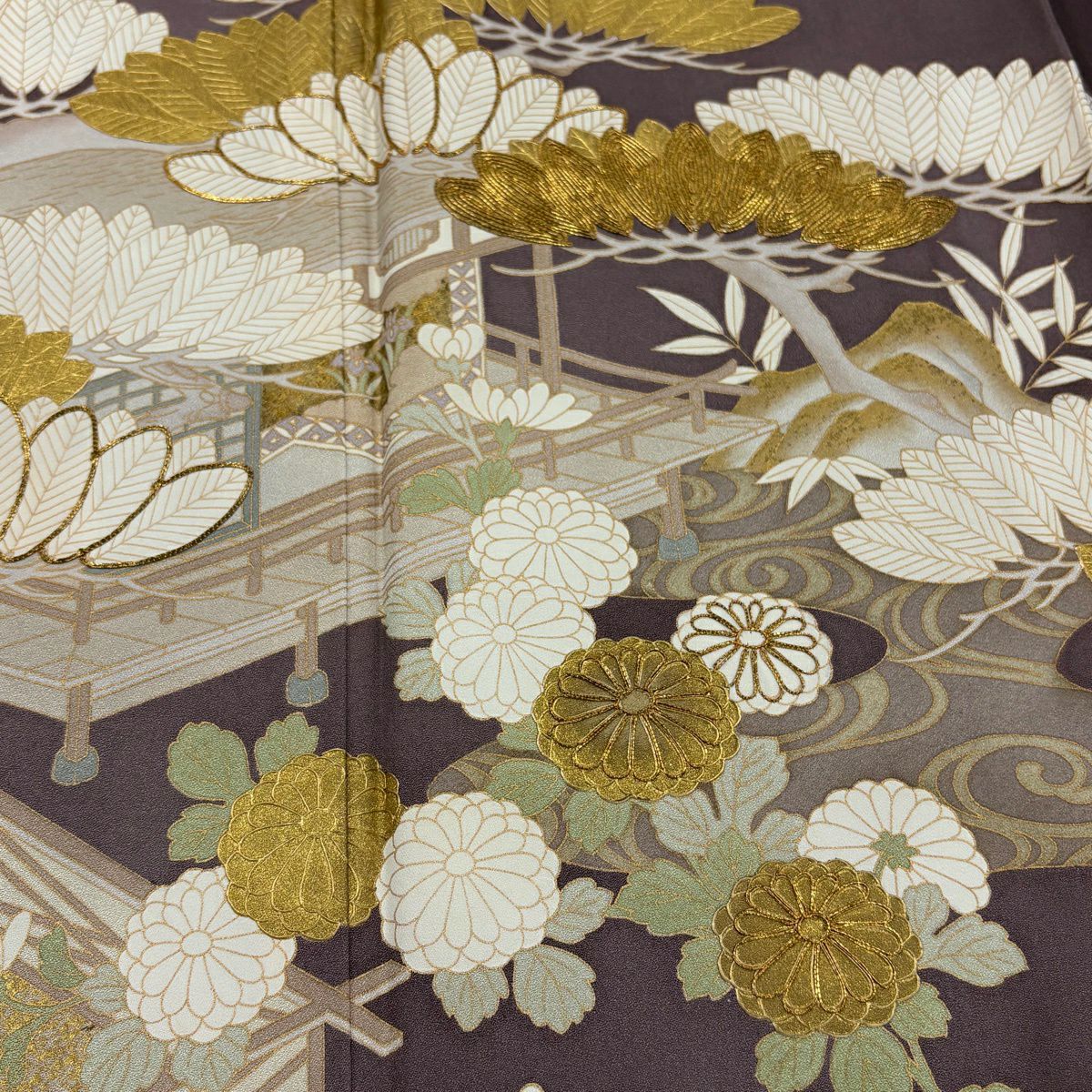 色留袖禮服 身長160cm 袖長66cm M 雙層 笠松樹 家屋 金絲 金銀彩 紫 純蠶絲 秀品級 一つ紋