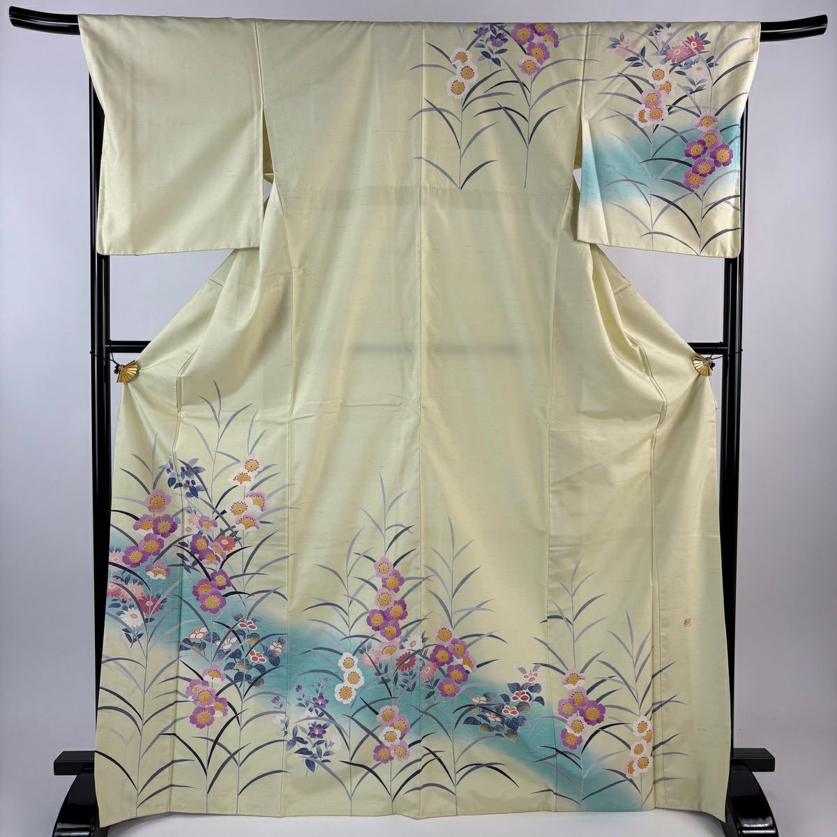 訪問服 身長171cm 袖長67.5cm L 雙層 紬織織 落款 草花紋紋 染分 薄黃 純蠶絲 秀品級