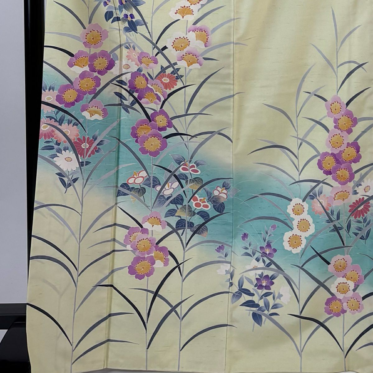 訪問服 身長171cm 袖長67.5cm L 雙層 紬織織 落款 草花紋紋 染分 薄黃 純蠶絲 秀品級