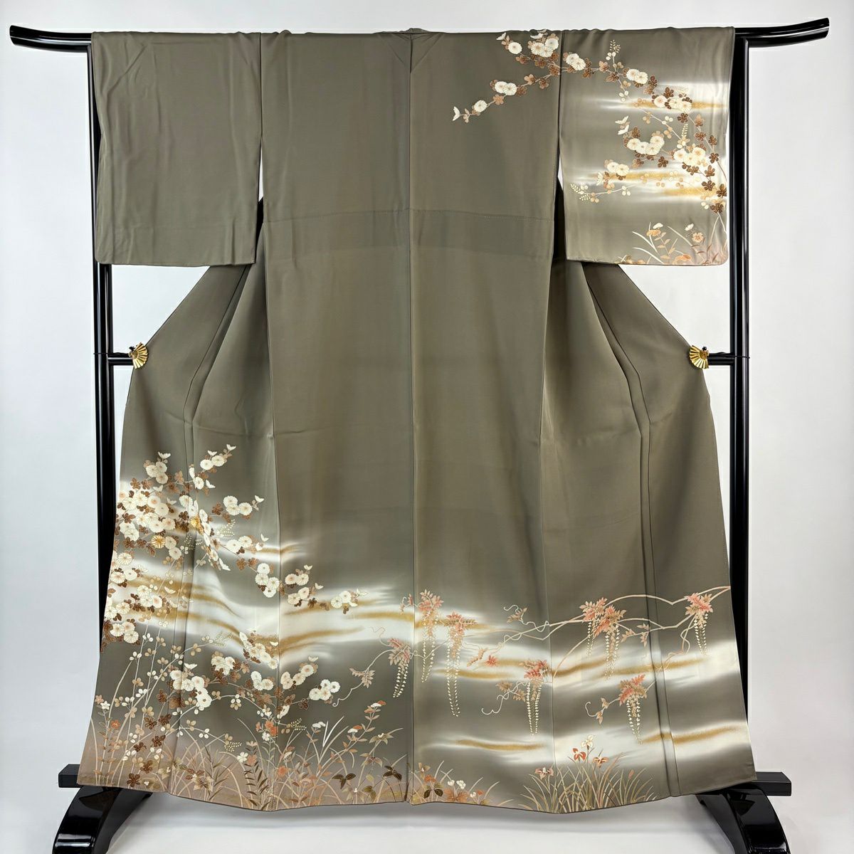 訪問服 身長162cm 袖長64cm M 雙層 菊花 霞 金絲 金銀彩 茶綠 純蠶絲 秀品級