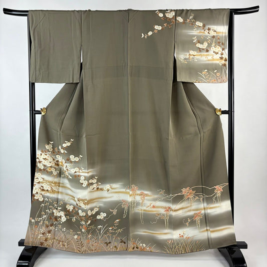 訪問服 身長162cm 袖長64cm M 雙層 菊花 霞 金絲 金銀彩 茶綠 純蠶絲 秀品級
