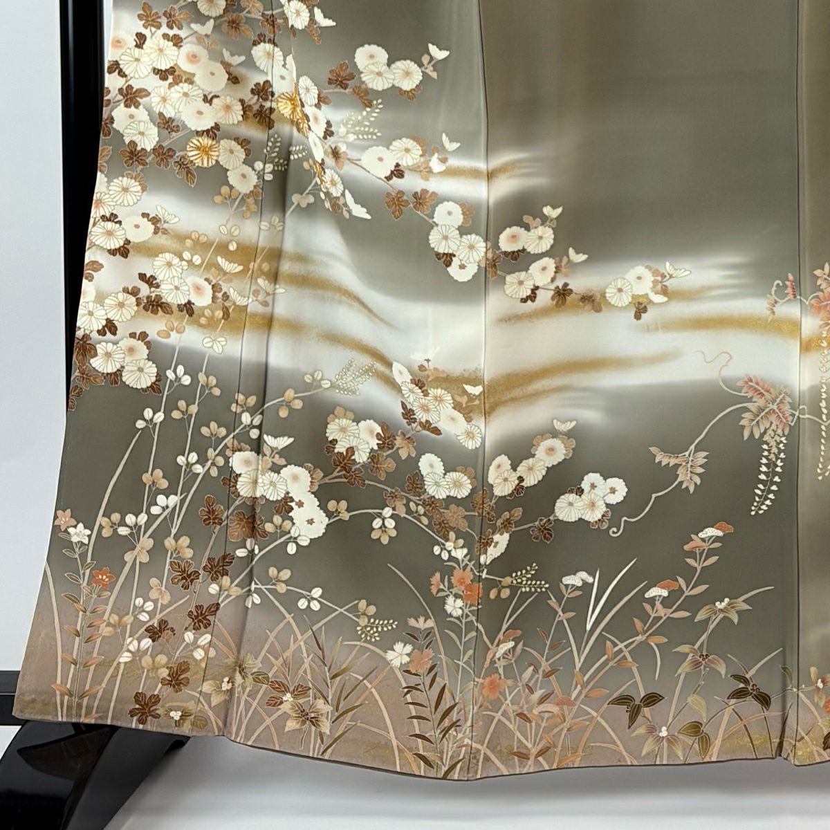 訪問服 身長162cm 袖長64cm M 雙層 菊花 霞 金絲 金銀彩 茶綠 純蠶絲 秀品級