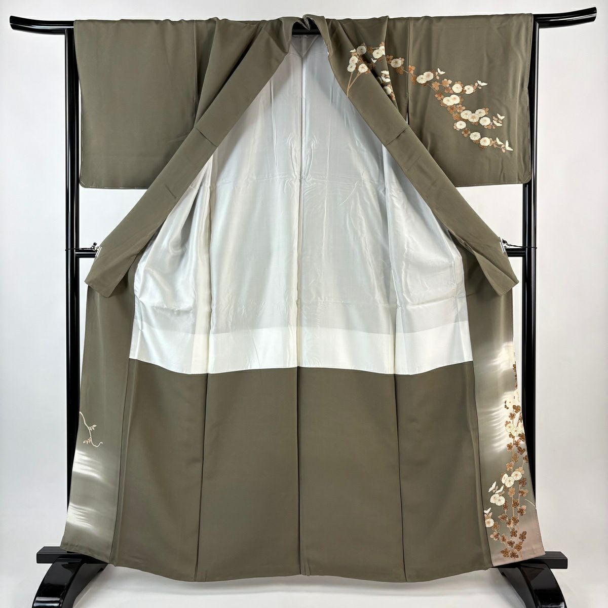 訪問服 身長162cm 袖長64cm M 雙層 菊花 霞 金絲 金銀彩 茶綠 純蠶絲 秀品級